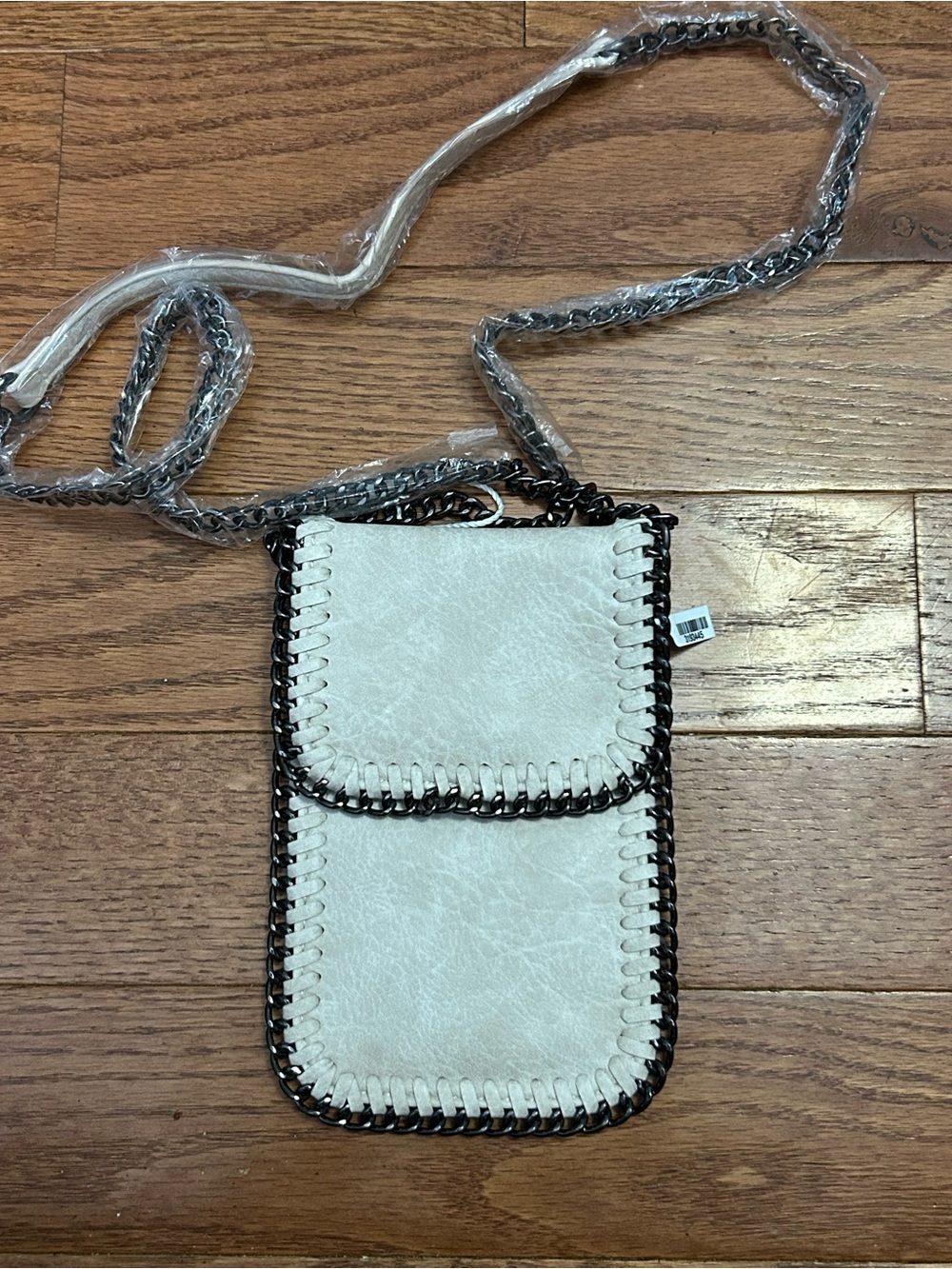 White Crossbody Phone Pouch with Chain Trim